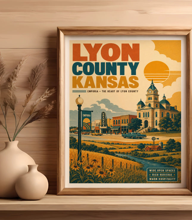 Framed vintage poster of Emporia, Lyon County, Kansas, featuring buildings, sun, and text.