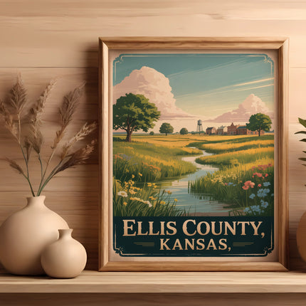 Framed artwork of a landscape with "Ellis County, Kansas" text.