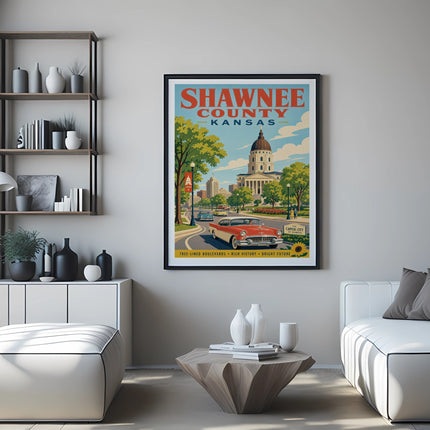 Shawnee County, Kansas vintage travel poster with retro car and city skyline.