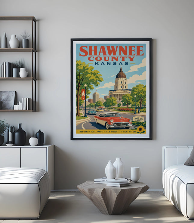 Shawnee County, Kansas vintage travel poster with retro car and city skyline.