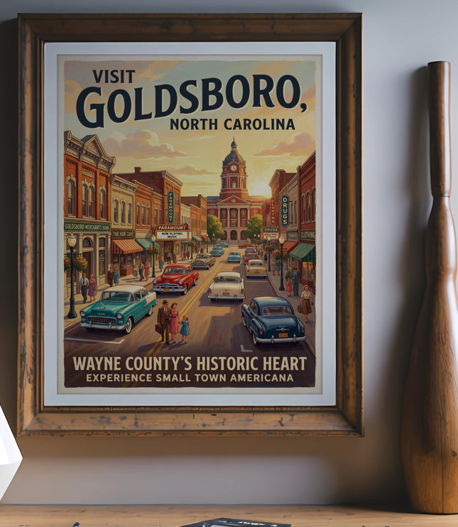 Retro poster of Goldsboro, North Carolina, featuring vintage cars and buildings.