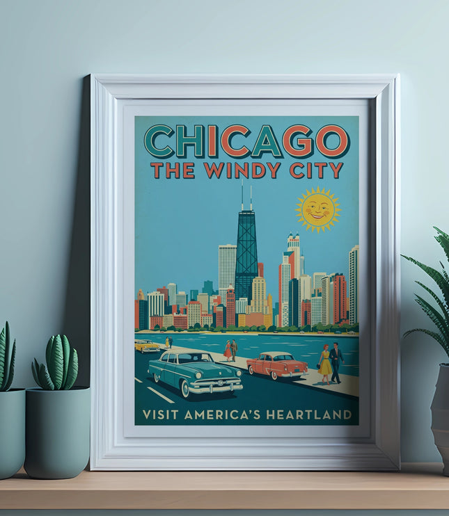 Vintage Chicago "The Windy City" poster with skyline, cars, and people.