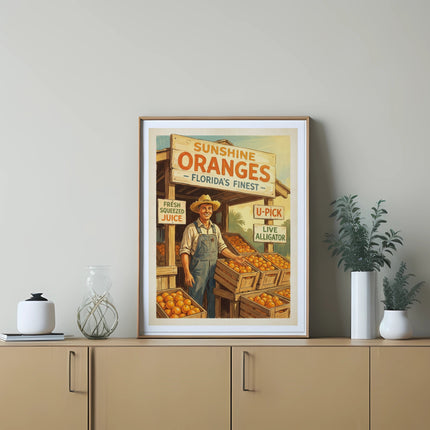 Framed sign for Sunshine Oranges U-Pick, featuring crates of oranges and a farmer.