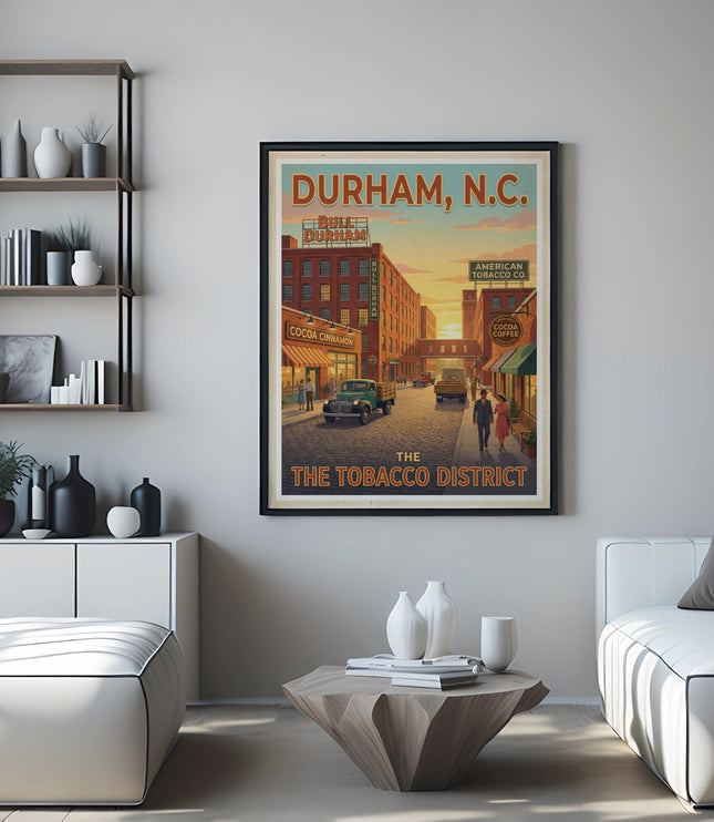 Vintage poster showing Durham, N.C., the tobacco district with buildings and vintage vehicles.