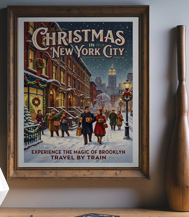 Vintage poster for Christmas in New York City with text about Brooklyn and train travel.
