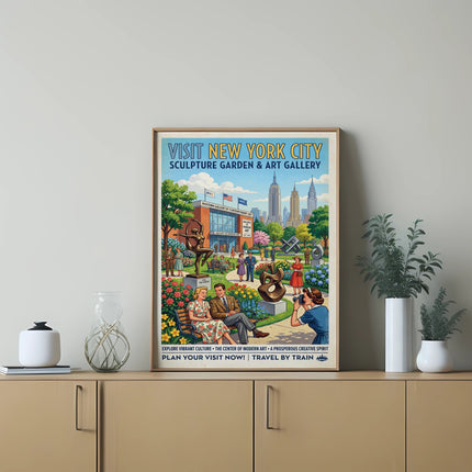 New York City Sculpture Garden and Art Gallery poster with vintage style.