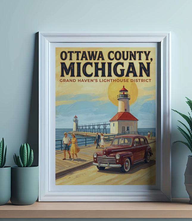 Ottawa County, Michigan poster featuring Grand Haven's lighthouse, pier, vintage car, and people.