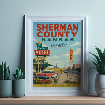 Vintage poster for Sherman County, Kansas, featuring Frontier Motel and a classic car.