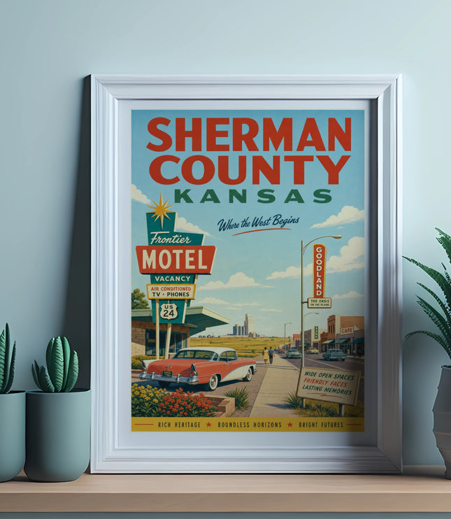 Vintage poster for Sherman County, Kansas, featuring Frontier Motel and a classic car.