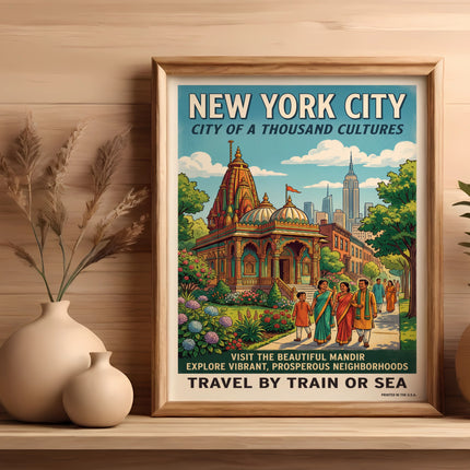 New York City poster with Mandir, skyscrapers, people, and text.