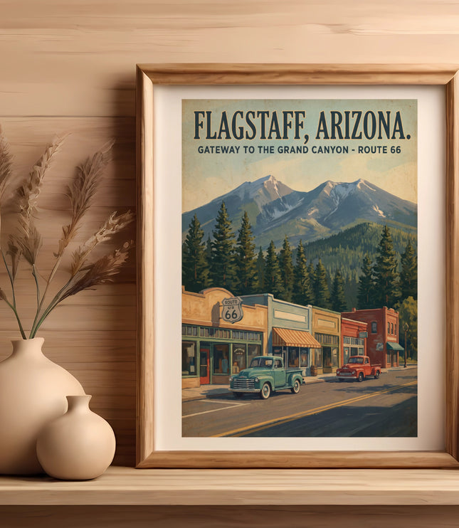 Flagstaff, Arizona, Route 66 vintage poster with mountains and small town street scene.