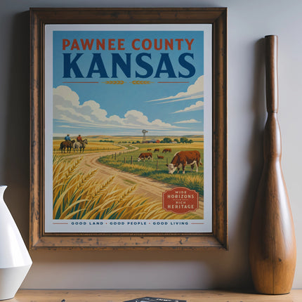 Vintage travel poster for Pawnee County, Kansas, featuring a farm scene.