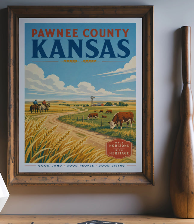 Vintage travel poster for Pawnee County, Kansas, featuring a farm scene.