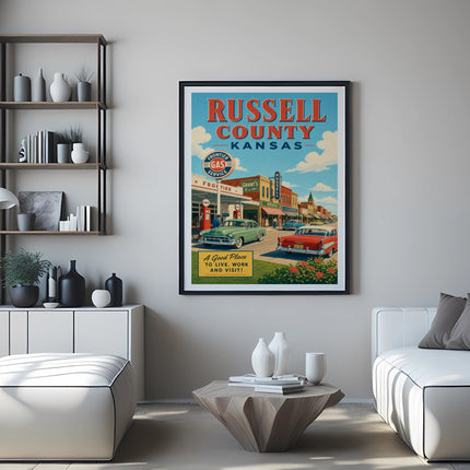 Vintage Russell County, Kansas gas station poster with a street scene.