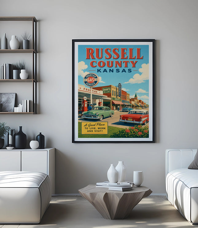 Vintage Russell County, Kansas gas station poster with a street scene.
