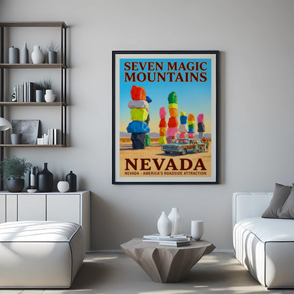 Poster of Seven Magic Mountains attraction in Nevada with a vintage car.