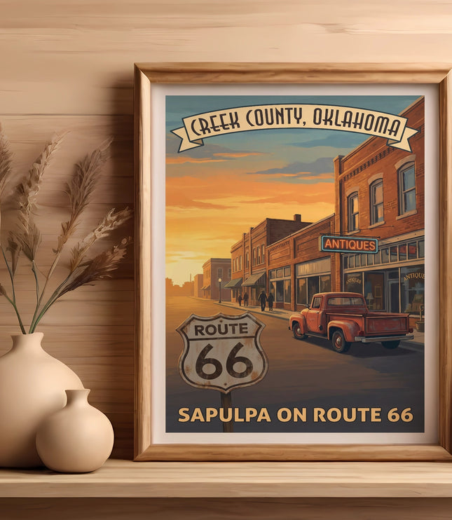 Framed art featuring Sapulpa on Route 66 with an antique truck.