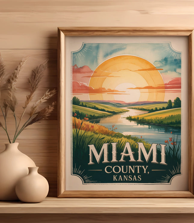 Framed print of a landscape with "Miami, Kansas" text.