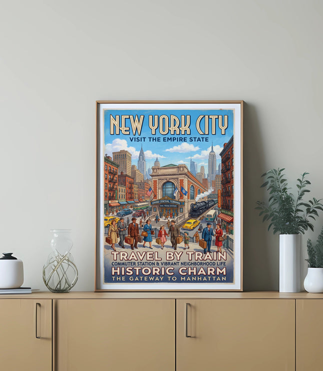 New York City travel poster featuring Grand Central Terminal, buildings, and people.