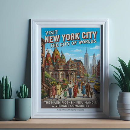 Visit New York City: The Magnificent Hindu Mandir & Vibrant Community travel poster.