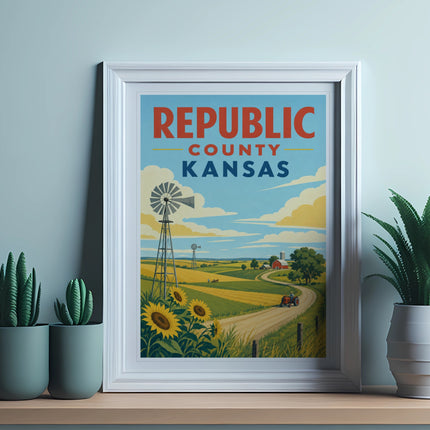 Framed Republic County Kansas poster with sunflowers, windmill, and rural landscape.