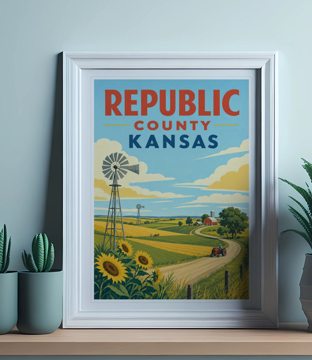 Framed Republic County Kansas poster with sunflowers, windmill, and rural landscape.