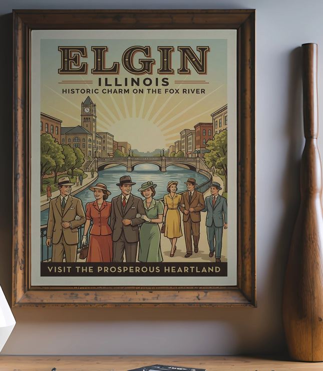 Elgin Illinois vintage travel poster on Fox River with people.