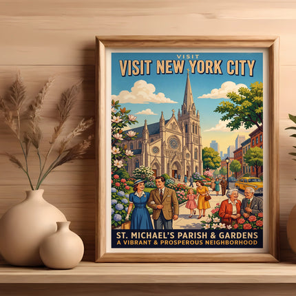 Vintage "Visit New York City" poster featuring St. Michael's Parish & Gardens.
