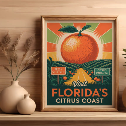 Vintage travel poster for Visit Citrus Coast featuring an orange and road.