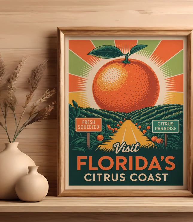 Vintage travel poster for Visit Citrus Coast featuring an orange and road.