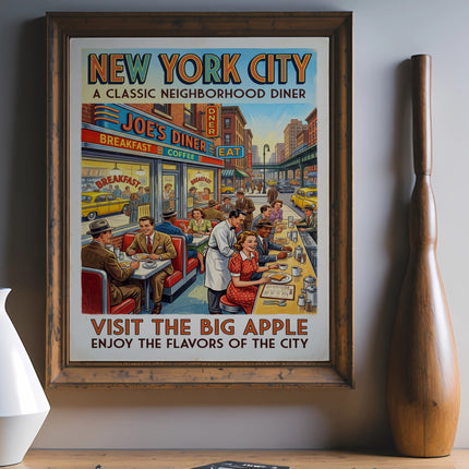 Vintage New York City diner poster with text "Visit the Big Apple."
