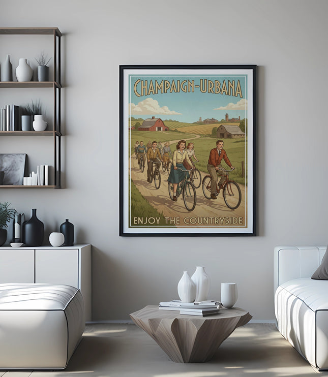 Champaign-Urbana poster with people cycling through a countryside landscape.