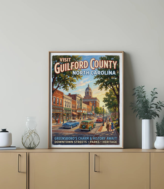 Vintage poster of Guilford County, North Carolina, featuring downtown Greensboro.