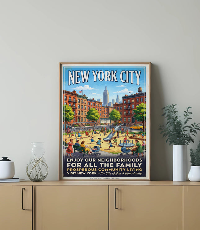 New York City travel poster depicting a playground with families and city skyline.