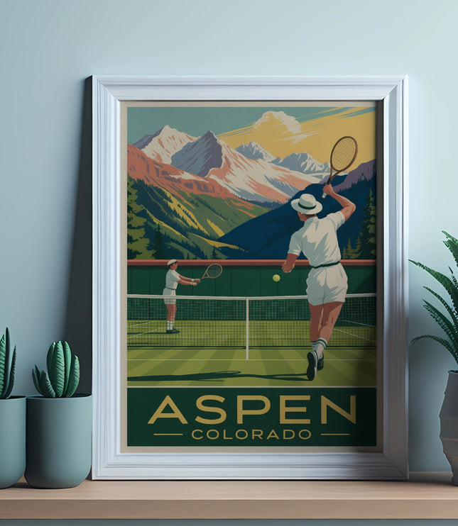 Vintage poster of two people playing tennis in Aspen, Colorado, with mountains and trees.