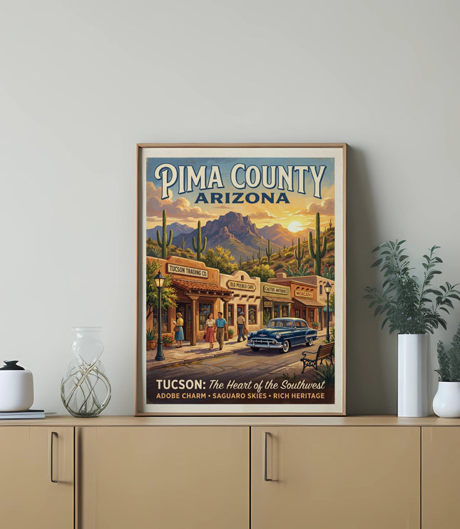 Plaque for Pima County, Arizona featuring desert landscape and shops.