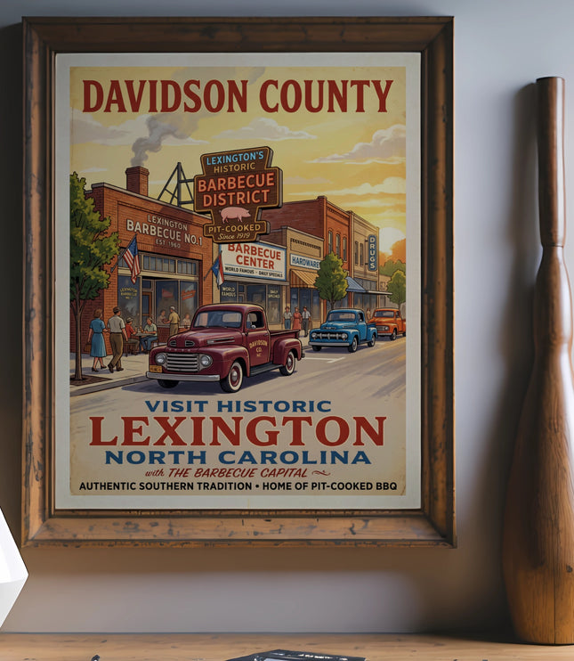 Davidson County vintage poster featuring Lexington's historic barbecue district and trucks.