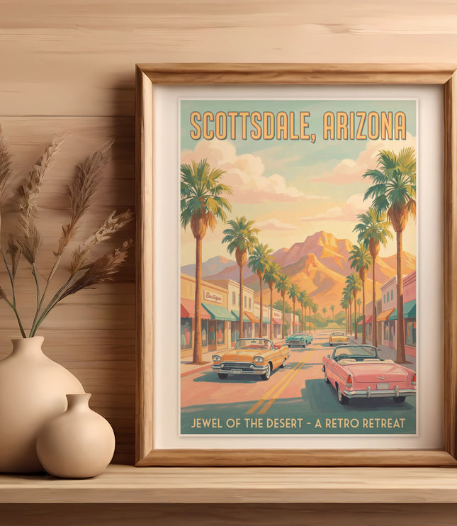 Scottsdale, Arizona poster with vintage cars and palm trees, "Jewel of the Desert".