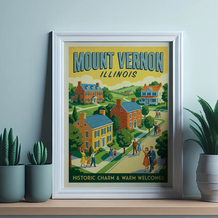 Framed "Mount Vernon Illinois" poster with historic charm illustration.