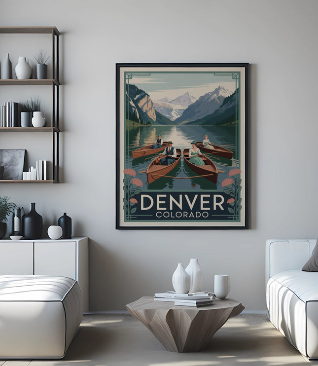 Denver skyline poster featuring boats on a lake and mountains.