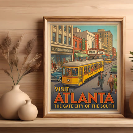 Vintage travel poster for Atlanta, Georgia, featuring a streetcar and the Capitol Theatre.