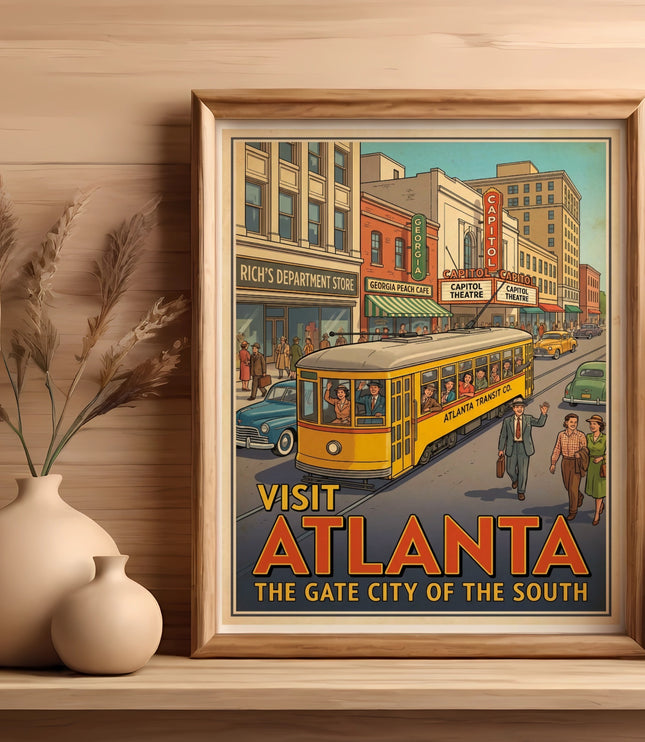 Vintage travel poster for Atlanta, Georgia, featuring a streetcar and the Capitol Theatre.