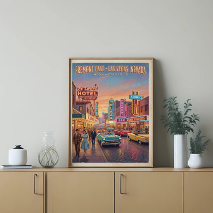 Fremont East, Las Vegas vintage poster of neon signs, cars, and people.
