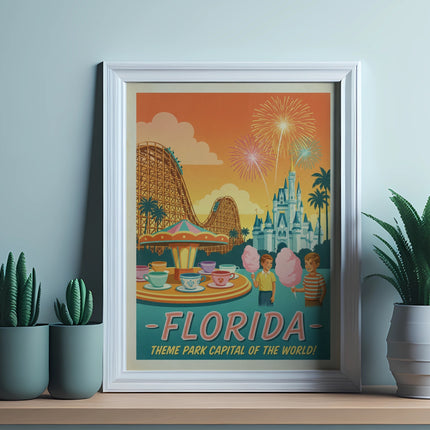 Theme park poster with Ferris wheel and fireworks.