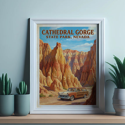 Vintage poster of Cathedral Gorge State Park Nevada with a station wagon driving through colorful canyons.
