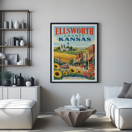 Ellsworth County, Kansas vintage travel poster with town, sunflowers, and wheat fields.