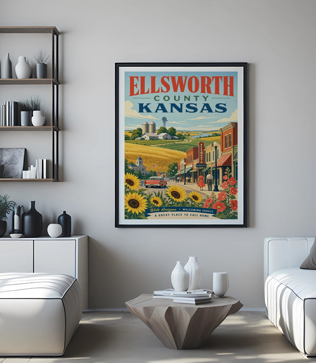 Ellsworth County, Kansas vintage travel poster with town, sunflowers, and wheat fields.