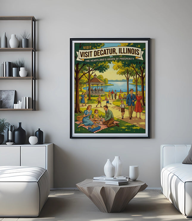 Vintage travel poster "Visit Decatur, Illinois" with park scene and people picnicking.