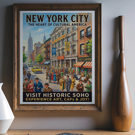 New York City art print with "Visit Historic Soho" and "The Heart of Cultural America" text.
