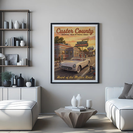 Vintage poster for Custer County depicting a diner, car, and motel.
